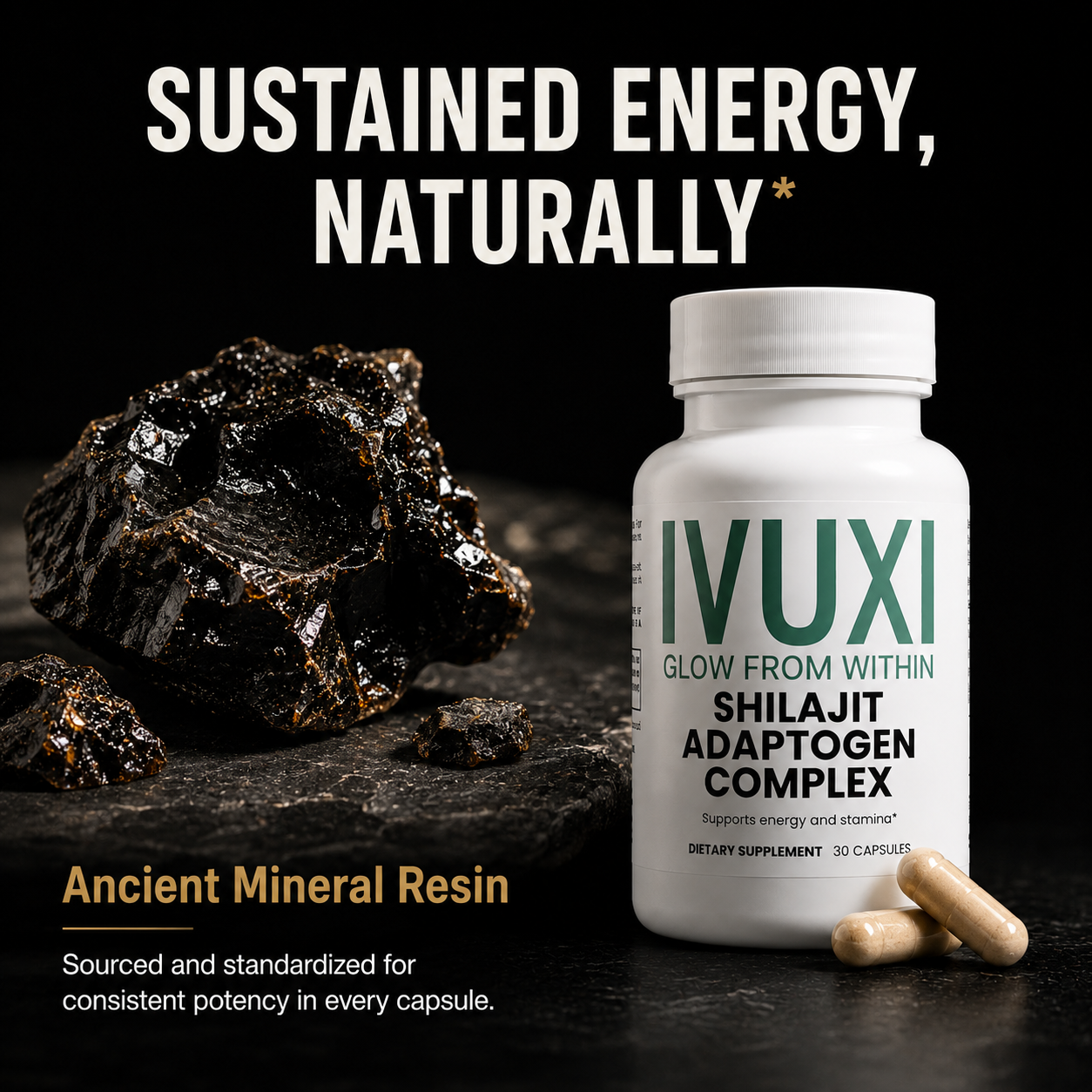 Raw shilajit mineral resin beside the IVUXI bottle
